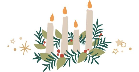  Illustration eines Adventskranzes mit vier Kerzen, Tannenzweigen und roten Beeren, umgeben von goldenen Sternen. 
